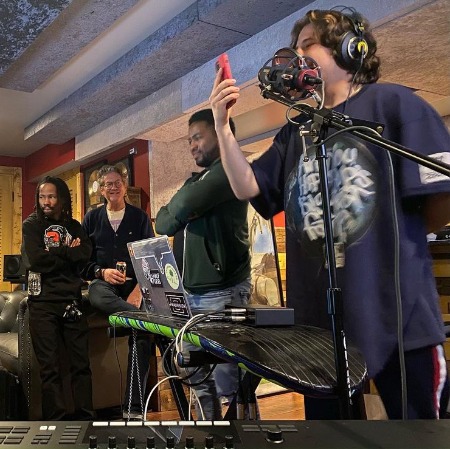 Clyde Mulroney at the music studio in the Highland Park, Illinois